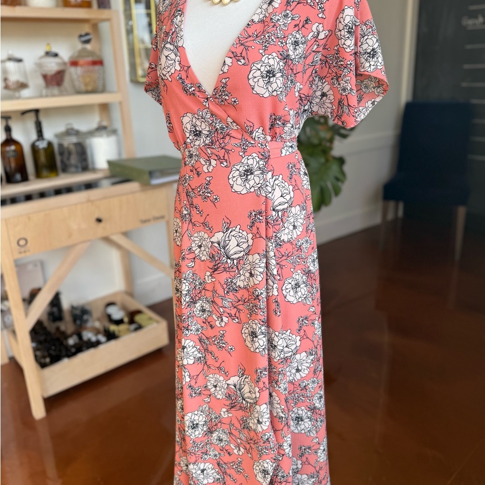 Bobeau Floral V-Neck wrap Maxi Dress in Coral- XS